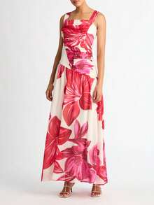 春夏新款水仙花印花连衣裙：方领前褶设计，宽肩带，A字型正式连衣裙，适合婚礼宾客、花园派对、海滩度假、度假村、夏日早午餐、日常穿着。 - 彩色 - 查看 6