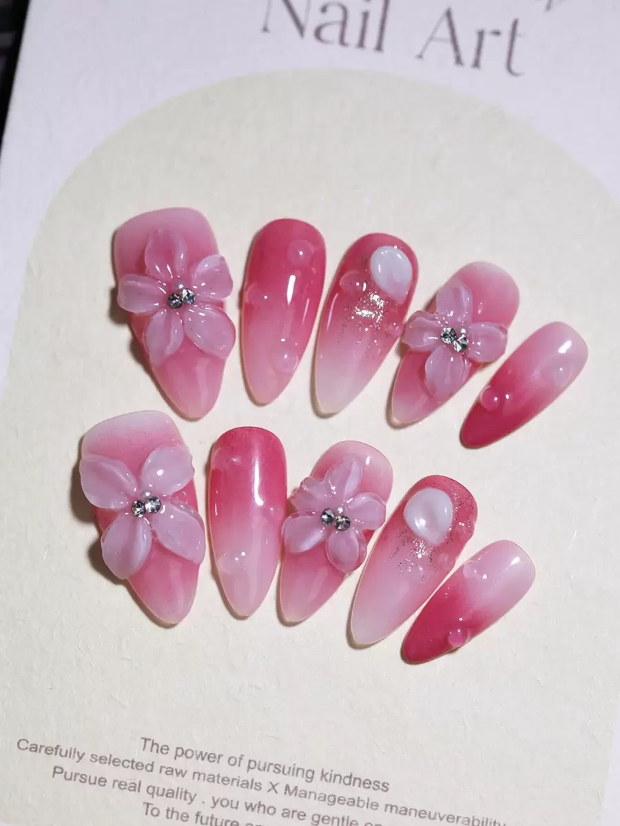 10 piezas de uñas postizas en forma de almendra con diseño de arte de uñas francés estilizado con flores 3D talladas a mano y color rosa degradado, para primavera y verano, nuevos artículos reutilizables de suministros para uñas - Rosa Fucsia - Ver 1