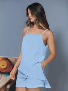 WUUW Elegant Women Sets,Women Elegant Blouse Top With Shorts,Summer Party Outfits - 淺藍色 - 查看 2