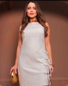 Vestido Curto Elegante de Linho Com Elastano Elegante e Casual - Creme - Visão 2