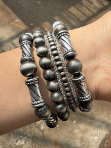 6pcs/Set Handmade Style Totem Carved Antique Silver Effect Bead Buttons Stackable Elastic Bracelets Set, Pattern Beads Multi-Piece Stretch Bracelet