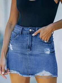 女式破洞磨边口袋夏季牛仔半身裙
