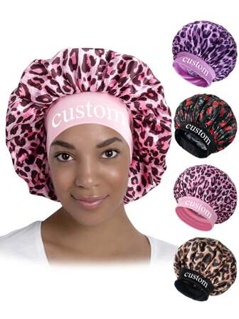 1 pieza de gorro de dormir personalizado de amplio borde, de alta elasticidad y satén, sombrero de fibra de poliéster con estampado de leopardo, regalo personalizado para mujeres/hombres