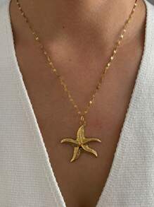 1pc Fashionable Stainless Steel Beach Holiday Series Sea Star, Sea Turtle, Seashell Enamel Inlay Pendant Necklace For Women - Gold - View 7