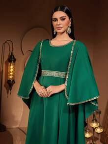 New Luxury Fashion Elegant Embroidered Lace Belted Robe Dress For Women - Dark Green - View 5