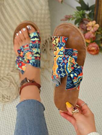 Rainbow Bowknot Women's Flat Sandals, Comfortable Massage Bottom Colorful Beach Shoes