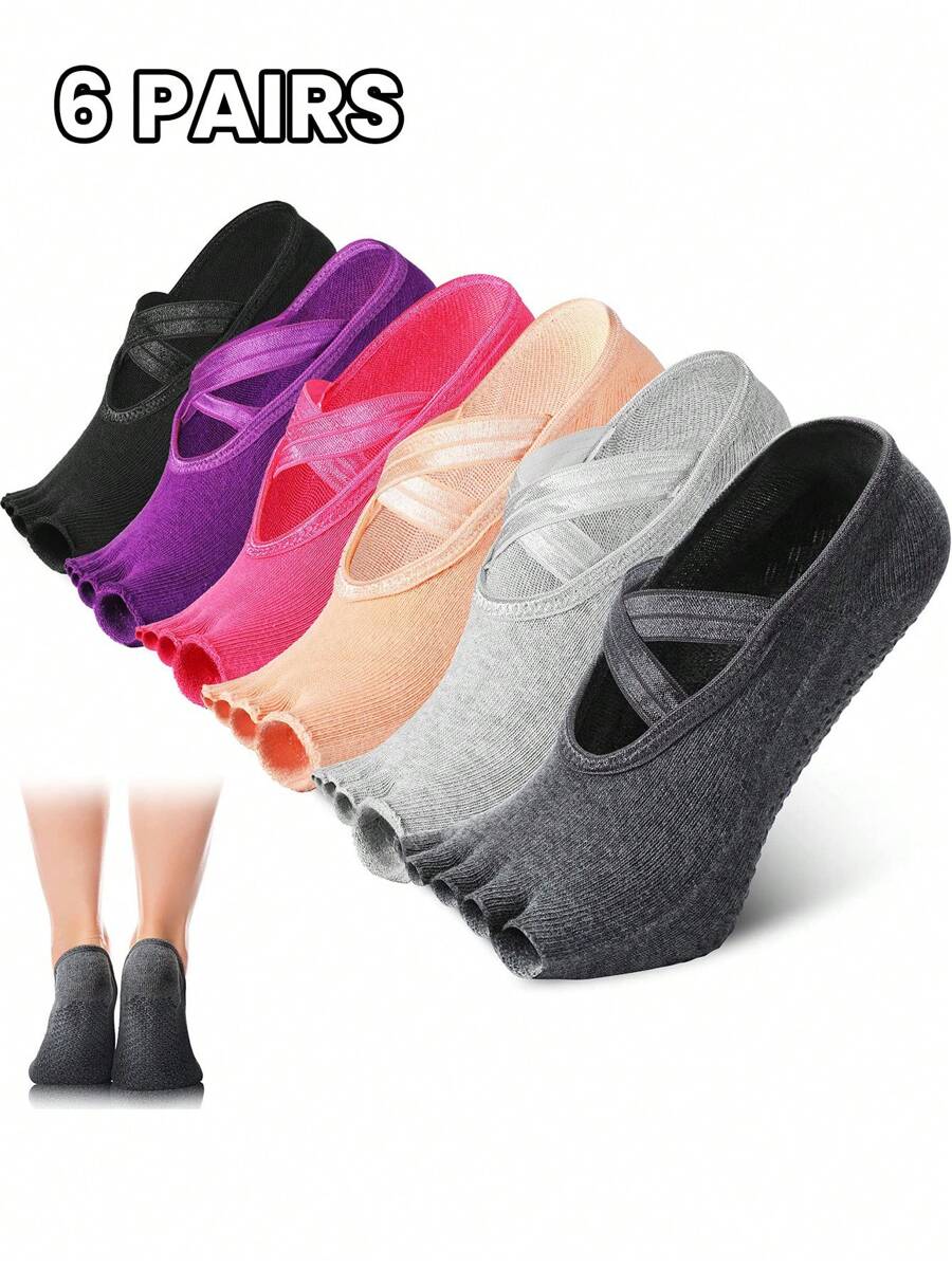 6 Pairs Pilates Socks With Grip For Women Non Slip Yoga Socks Toeless Barre Sticky With Straps Multicolor For Ballet Dance Barefoot Workout - Multicolor - View 1