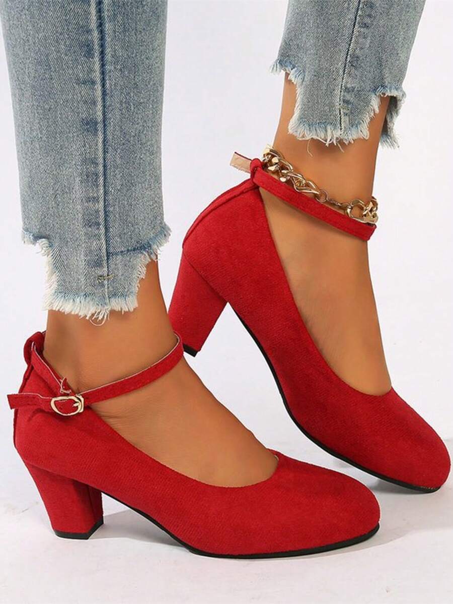 女士绒面玛丽珍鞋，系带粗跟圆头一脚蹬乐福鞋，度假风格