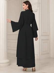 Women's Elegant Solid Color Long Sleeve Maxi Dress - Front Button Down Design, Minimalist Spring Summer Lounge Wear - Black - View 2