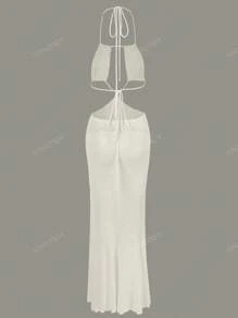 Sexy Cut Out Backless Tie Side Slit Knit Dress Summer White Backless Chic Hanging Neck Swimsuit Bikini Cover-Ups
