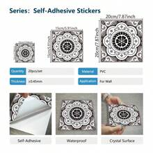 20 Peças Adesivos à Prova de Óleo Estilo Mandala Preto e Branco para Cozinha, 20x20cm, Autoadesivos, Azulejos Impermeáveis para Respingos, Adesivos Decorativos Flexíveis de Padrão Geométrico de Canto para Decoração de Parede, Decoração Doméstica, Decoração de Sala de Estar, Decoração de Quarto, Decoração de Banheiro