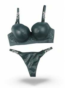 Sexy Vinyl Bra And Thong Set With Incredible Metal Letter Detail With Rhinestones, Smooth Design, High Support, B Cup. - 軍綠色 - 查看 1