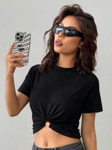 Women's Casual Sports T-Shirt, Fashion Athletic Black Fitted Short Metallic Ring Perforated Tee - Black - View 1