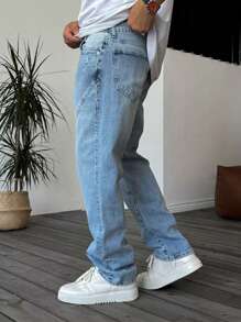 Jeans rectos clásicos para hombre con inserción de parche y bolsillos, casuales y versátiles