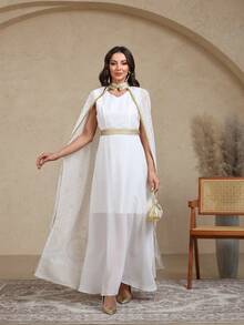 Dubai Style Allover Print High Waist 2 Pieces Set, Long Dress With Shawl,Modest - White - View 5