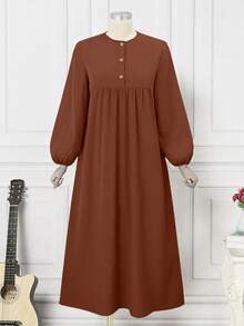 Women's Elegant & Comfortable Abaya Style Round Neck Long Dress Spring - Coffee Brown - View 4