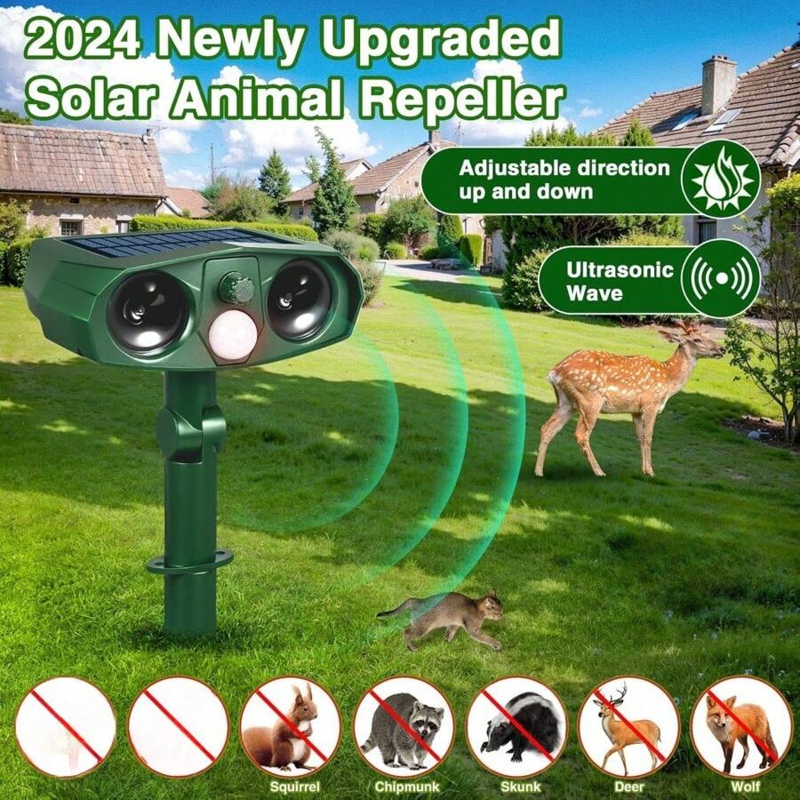 2 Pcs Solar - Powered Ultrasonic Animal Repeller: Outdoor - Ready, Motion - Sensing For Repelling Deer, Raccoons, And More - Green - View 1