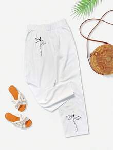 女士时尚斜口袋休闲波西米亚蜻蜓印花宽松裤，轻便舒适