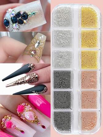 12Grids/Box Mixed Color Stainless Steel Metal Bead Nail Art Decoration 3D Mini Small 1Mm Caviar Ball Silver Charm Faux Pearl Manicure Nail Supplies Nails Nail Charms Nail Gems