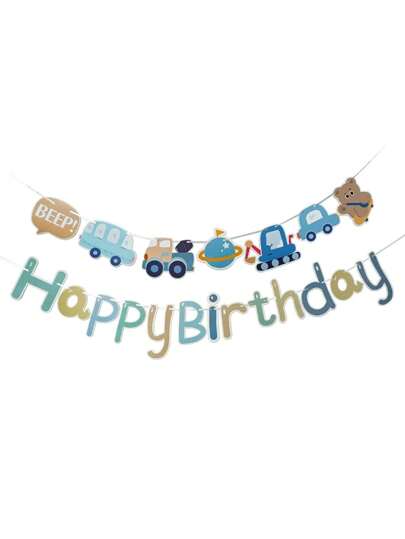 Birthday Banner Decorations Set With Colorful Cartoon Vehicles Theme, Paper Bunting For Carnival, Multipurpose Party Sign For All Occasions - Reusable And Party Supplies With 3.05meter/9.75meter Length - No Electricity Needed