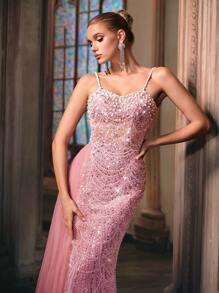 Đầm dạ hội mùa hè LUVISTRUE Goddess đính sequin và họa tiết ghép mảnh, đầm dạ hội đính cườm dành cho nữ, thích hợp cho dạ hội từ thiện, tiệc gala, tiệc sinh nhật, thảm đỏ, dạ hội tốt nghiệp, tiệc chiêu đãi, đầm maxi đuôi cá dây mảnh màu trơn. - Hồng - Xem 7