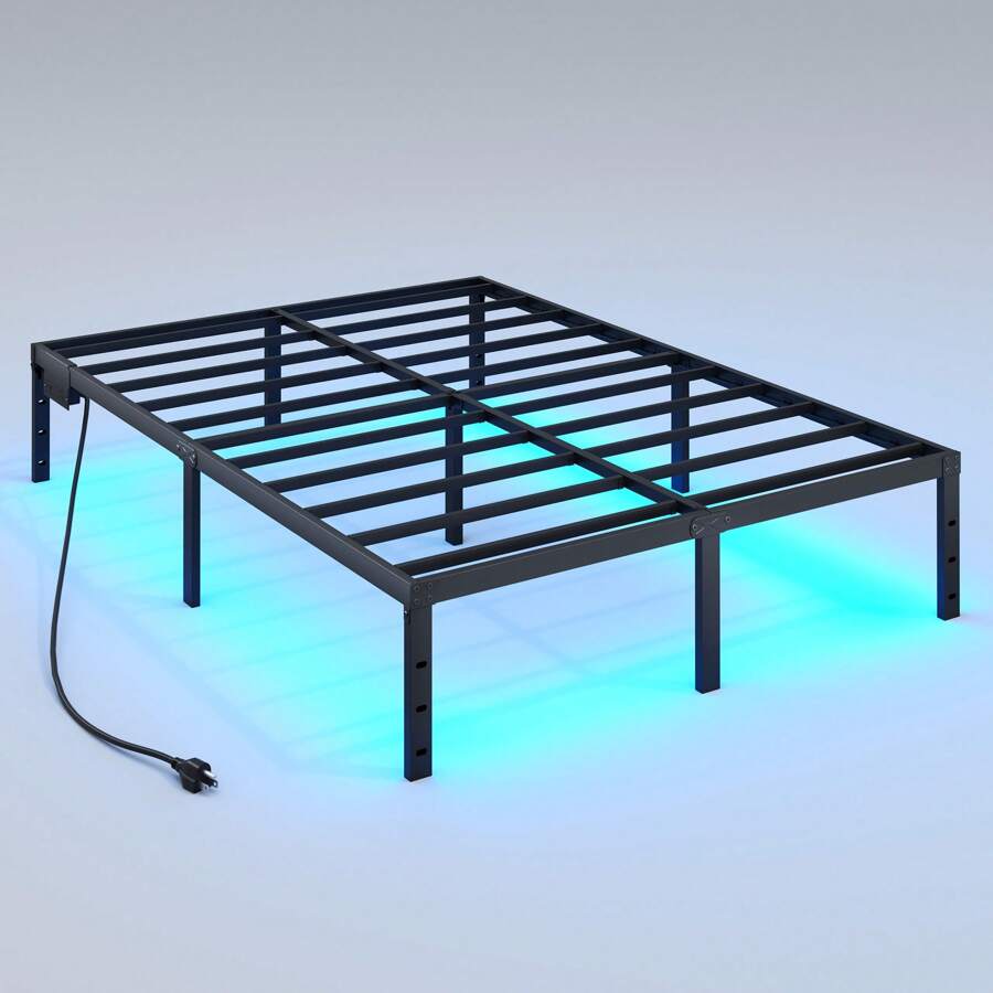 Marco de cama: con luces RGB que cambian de color y estación de carga, base de colchón de marco de cama de 14 pulgadas de alto, sostenida por barras de acero, resistente y confiable, sin necesidad de cajas de resortes, fácil de ensamblar, sin ruido, negro - Tipo de Enchufe B USA (110-127V) - Ver 1
