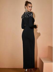 DEIVE TEGER Vestido largo, elegante y sexy de manga larga, ceñido y con diamantes incrustados, para mujer, ideal para fiestas, cenas formales, graduaciones, conciertos y eventos sociales importantes como bodas. - Negro - Ver 5