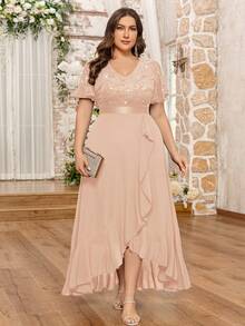 Plus V Neck Sequin Lace Contrast Chiffon Ruffle Split Evening Party Formal Long Dress, Prom Evening Wedding Guest Gown, For Graduation, Dinner, Homecoming, Festivals - Champagne - View 4
