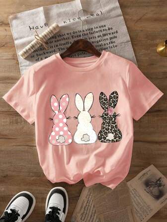 Tween Girl Cartoon Rabbit Print Crew Neck T-Shirts Spring And Summer Girl's Casual Tee Soft Tops