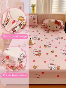 Sanrio 1 pièce Drap-housse imprimé de bande dessinée, Protège-matelas, Housse de lit, Drap-housse, Textile d'ameublement confortable, Protège-matelas respirant et résistant à la formation de peluches, Décoration d'intérieur, Convient à tous les formats de lit - Double, Full, Queen, King, Toutes saisons, Anti-poussière, Lavable en machine