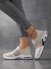 Spring New Thick Sole Lace-Free Gray Women's Shoes Ladies Mesh Hollow Design Breathable Athletic Shoes, Fashion Versatile Casual Sneakers - Grey - View 3