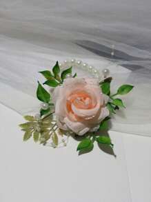 1pc Elegant Pink Korean Style Bridal Wrist Flower, Wedding Accessories, Bridesmaid Gift, Luxurious Pearl Chain Bracelet