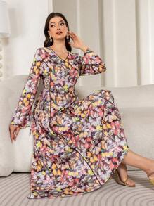 Women's Long Sleeve Drawstring Tie V-Neck Print Long Dress, Casual & Simple - Multicolor - View 6