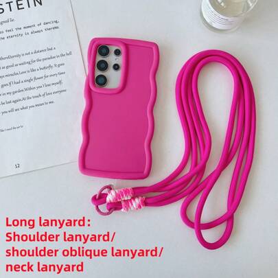 玫瑰红新款马卡龙色波浪纹TPU软壳手机壳DIY长布绳肩挂绳/斜挎挂绳/颈挂绳手机挂绳保护壳兼容苹果 11/12/13/14/15/16 Pro Max国际版，非国内版