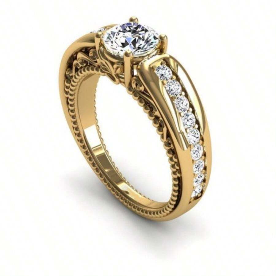 1pc Elegant 14K Goldplated Copper Ring With Round Cubic Zirconia Stone - Minimalist, All-Season, Party And Wedding Accessory, Valentine's Day Gift For Her,Mom,Mother,Mother's Day,Gift