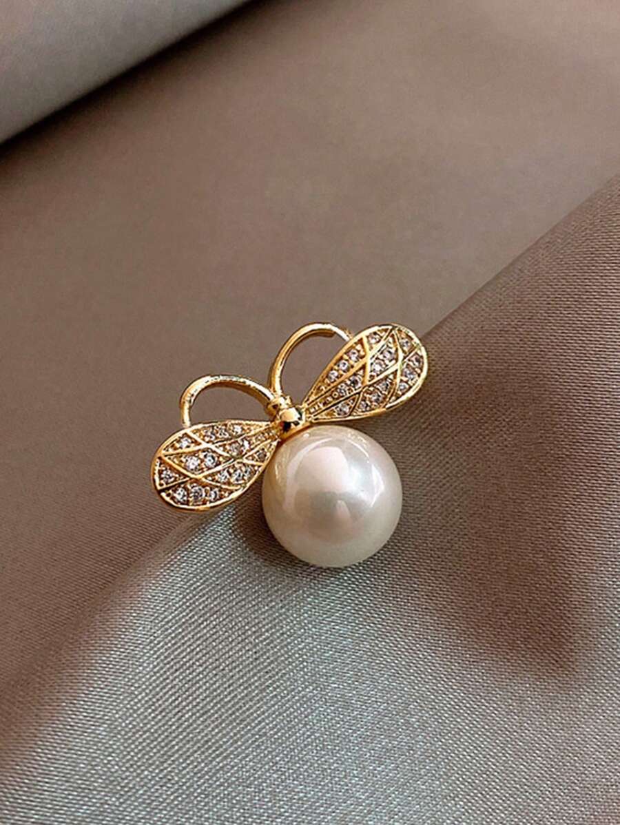 1 件装可爱水钻蜜蜂胸针女士派对配饰昆虫珍珠胸花胸针服装配饰 - 金黃色 - 查看 1