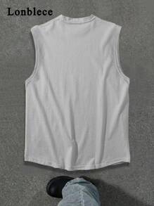 Lonblece 夏季无袖 T 恤男士，时尚品牌手绘地球元素设计运动背心 - 淺灰色 - 查看 4