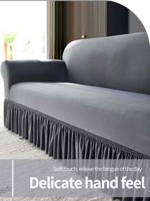 1pc Ruffled Sofa Cover, Decorative Elastic Sofa Slipcover, Floral Edge Single/Double/Three/Four Seater Sofa Cover, Solid Color Milk Silk Fabric Anti-Slip Sofa Protector, All Season - Dark Grey - View 8