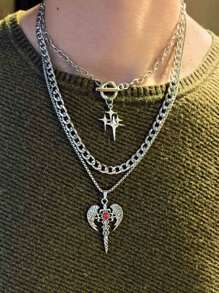 3pcs Vintage Multilay Star Pendant Necklace Set, Minimalist Stainless Steel Choker Necklace With Star, Heart Wing, Flame Cross Charm For Women And Men - Silver - View 2