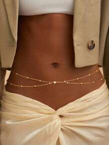 1 pieza Cadena corporal sexy de doble capa con cuentas de cobre en forma de corazón, estilo minimalista para mujer, cadena de cintura multicapa - W-YL175 Cadena de cintura doble con cuentas de cobre Love - Ver 3