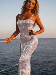 Vestido com Alças Finas Sexy Repleto de Strass, Vestido de Festa da Moda de Celebridade, Vestido para Convidados de Casamento, Vestido de Festa Formal