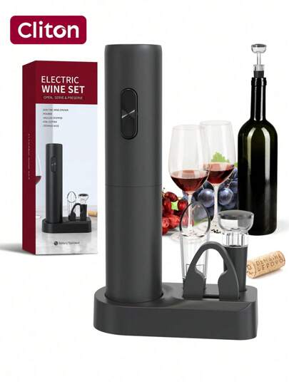 CLITON Electric Wine Openers Set - Battery Powered Motorized Operated Cordless Automatic Corkscrew Opener Puller Kit With Attached Foil Cutter Stopper Wine Aerator Pourer, Electric Wine Openers Set - Battery Powered Motorized Operated Cordless Automatic Corkscrew Opener Puller Kit With Attached Foil Cutter Stopper Wine Aerator Pourer, Black
