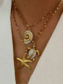1pc Fashionable Stainless Steel Beach Holiday Series Sea Star, Sea Turtle, Seashell Enamel Inlay Pendant Necklace For Women - Gold - View 4