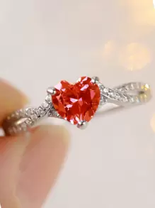 S925 Sterling Silver Heart Shaped Classic Red Zirconia Fashion Elegant Women Ring