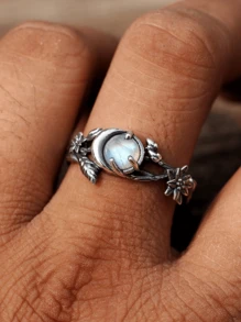 1pc Retro Boho Moonstone Women Engagement Ring, Perfect For Anniversary Or Wedding Gift For Her/Him - Antique Silver - View 2