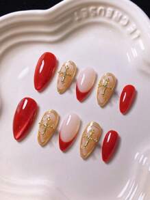 10 piezas de uñas postizas hechas a mano con diseño de uña de gato roja, rayas láser doradas, diseños de cruces, elegante y minimalista, aptas para la vida de oficina