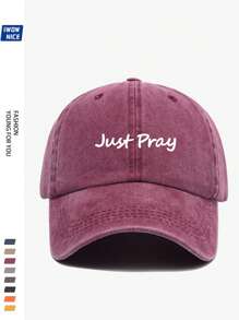 1 件高品质都市风格复古水洗“Just Pray”印花时尚棒球帽男女通用，可调节贴合度，防晒，编织涤纶材料，是送给家人和朋友节日的理想礼物，适合休闲和度假 - A - 查看 10