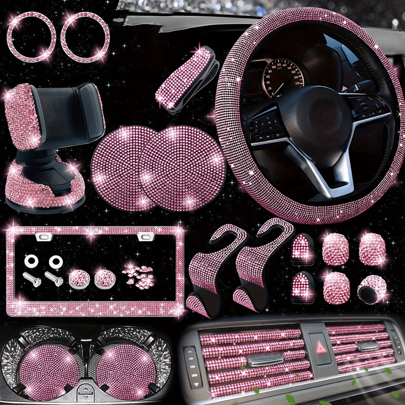 26-Piece Car Interior Diamond-Encrusted Set Steering Wheel Cover Mobile Phone Holder License Plate Frame Car Hook Water Cup Mat One-Button Start Ring Air Outlet Decorative Strip Set