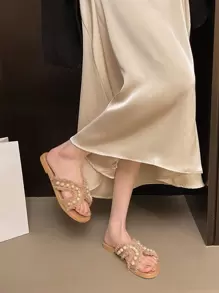 Women's Flat Sandals, New Style Pearl Fashionable Silver Glitter Flat Slide Sandals, Elegant Fairy Style Beach Slippers - Khaki - View 2