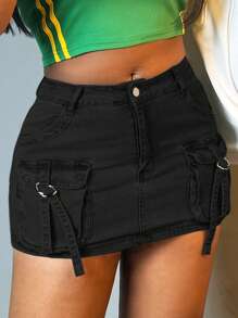 Women's Low - Waisted Mini Utility Skirt In Y2K Style, High - Stretch Tight - Fitting Button - Down Denim Skirt With Pockets. - màu đen - Xem 5